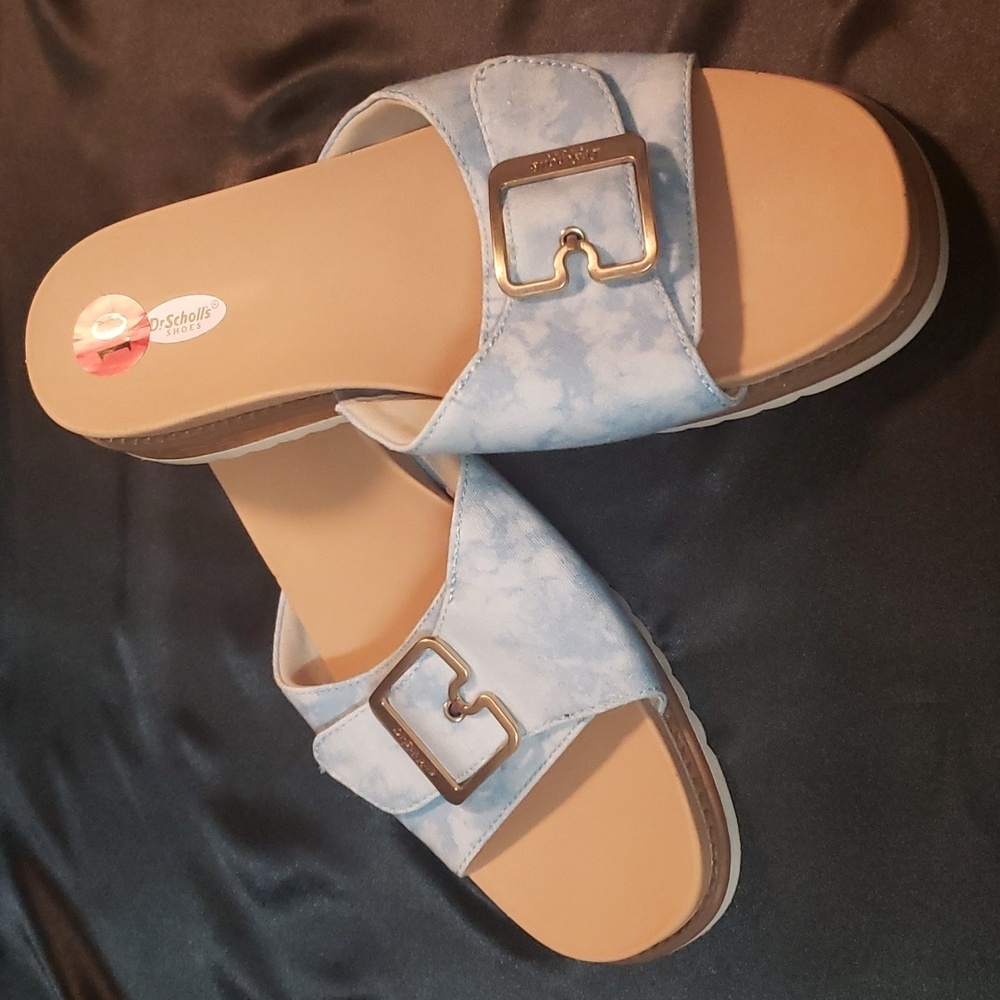 Dr. Scholls slide sandals, sky blue with buckle, sizes 9 and 10